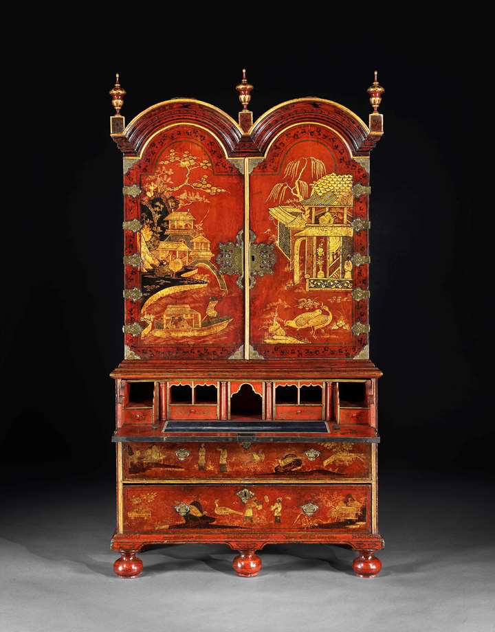 A Rare George I Period Scarlet Japanned Double Domed Secretaire Cabinet